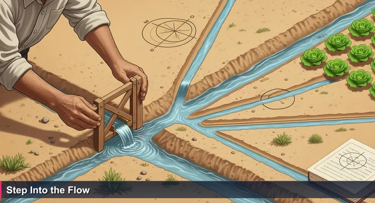 Close-up of farmer's hands adjusting an irrigation gate at dawn in Yuma desert, with water flowing into a channel, symbolizing AI networking and community growth.