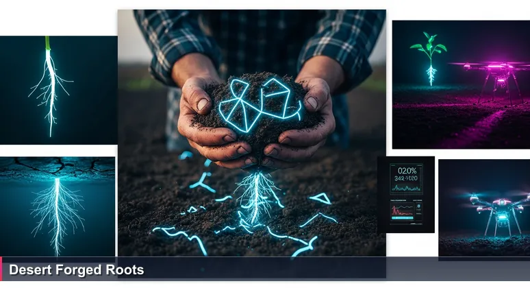 Close-up of weathered farmer hands holding dry soil with healthy roots in a Yuma lettuce field at dawn, symbolizing hidden resilience in harsh conditions.