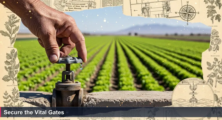 Close-up of a farmer's hand adjusting a rusted irrigation gate in Yuma, Arizona, with lettuce fields in the background and a drop of water.