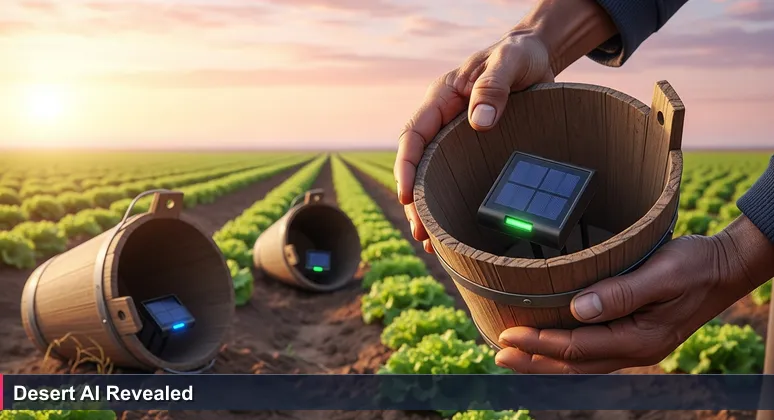A close-up of a desert farmer's weathered hands holding a wooden bucket with a solar-powered IoT sensor inside, at dawn over rows of lettuce fields.