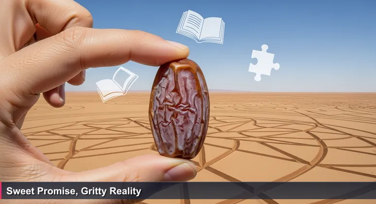 Close-up of a hand holding a ripe date from a Yuma desert grove, with irrigation lines in the sandy background, symbolizing the sweet yet gritty reality of tech affordability.