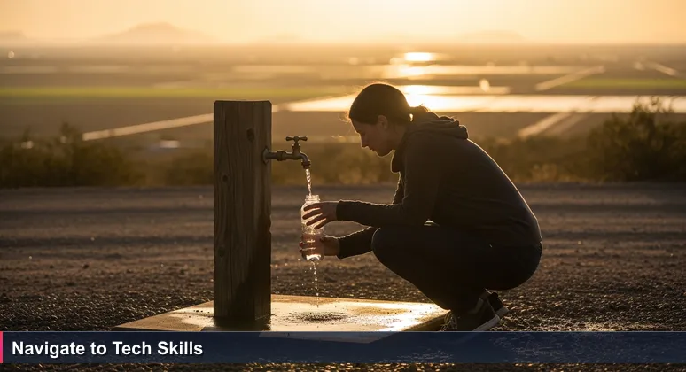 A person refilling a water bottle at a desert water spigot at sunrise, symbolizing finding free tech education in Yuma, Arizona