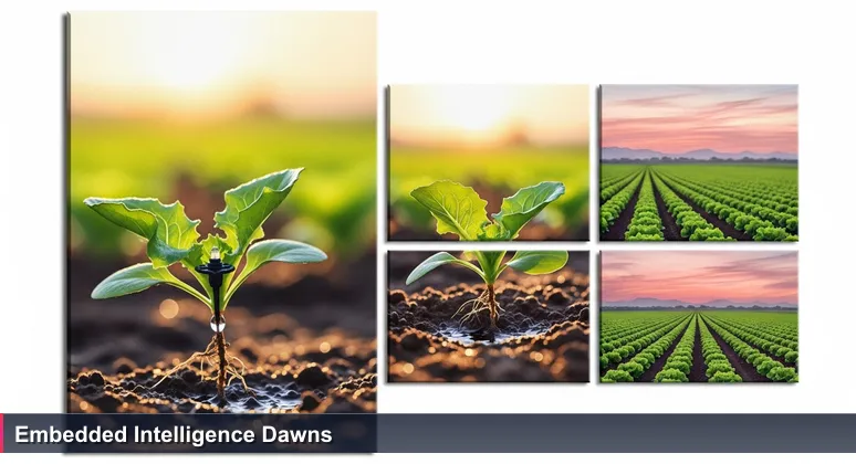 Close-up of a drip irrigation emitter watering a lettuce plant at sunrise in a Yuma, Arizona agricultural field.