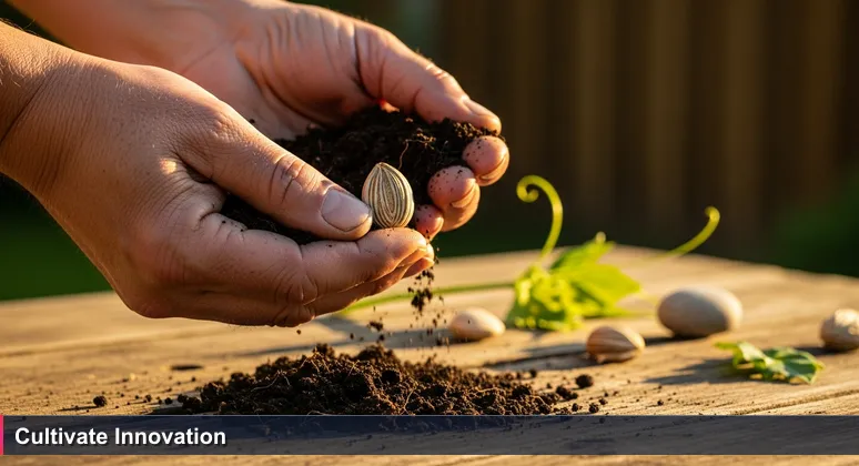 A gardener's weathered hands holding a seed and rich soil in a sunlit Yuma yard, symbolizing tech growth potential.
