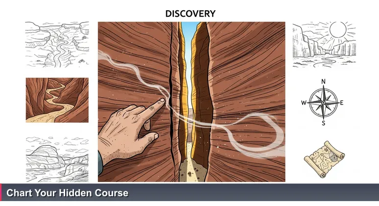 A desert hiker's hand tracing a narrow crack in a sandstone wall, symbolizing hidden tech career paths in Yuma, Arizona.