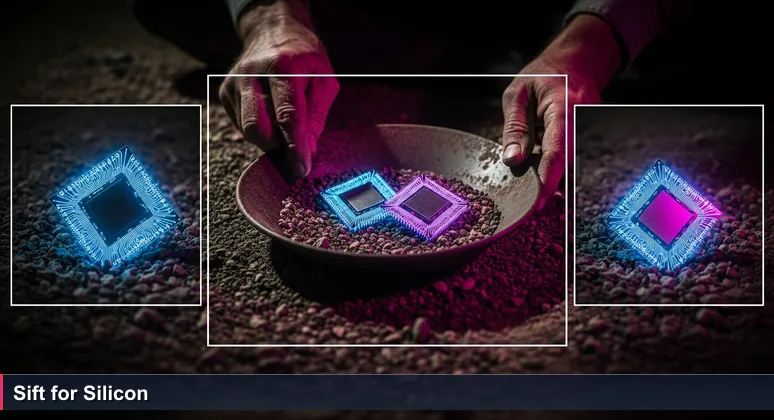 Close-up of prospector's hands in Yuma desert sifting gravel through a rusted pan, with a computer chip glinting under the sun among the dust.