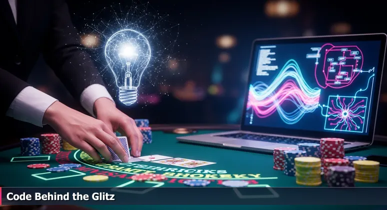 A casino blackjack table with dealer's hands dealing cards and chips, with a blurred laptop in the background displaying Python code and a neural network diagram.