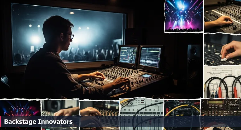 An audio engineer in a dark Las Vegas control booth, adjusting a soundboard with sliders and dials, focused on a monitor, with a blurred stage show in the background.