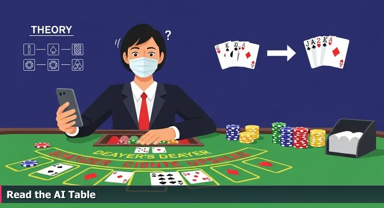 A person at a Las Vegas blackjack table hesitating with a 16 hand while watching a tutorial video on phone, dealer shows 10, symbolizing AI engineering challenges.