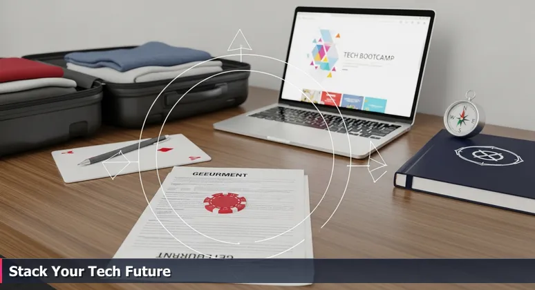 A poker chip on a government form on a desk, with a laptop showing a tech bootcamp site and a suitcase in the background, symbolizing funding strategy for tech training in Las Vegas.