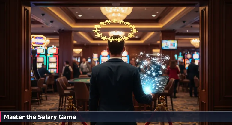 A professional at a velvet rope in a Las Vegas casino, symbolizing the threshold between different AI career economies and salary levels for 2026.