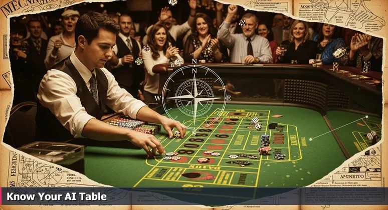 A focused individual at a bustling craps table in a Las Vegas casino, symbolizing strategic AI networking choices amidst the excitement.