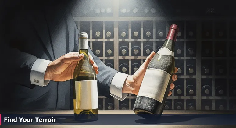 A master sommelier in a dim wine cellar selects a balanced, unlabeled bottle over a prestigious trophy bottle, symbolizing choosing AI careers based on project fit over company prestige in Las Vegas.