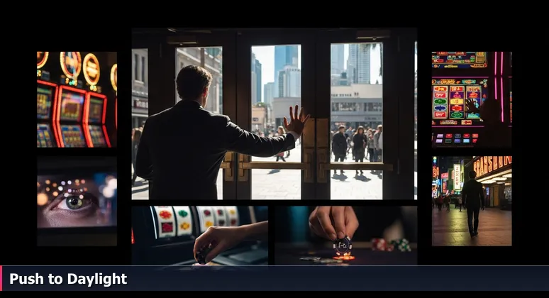 A silhouette pushing through casino doors towards a sunlit plaza, symbolizing the move from gambling to tech careers in Las Vegas.