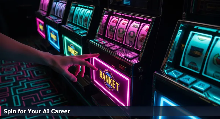 A hand hovering over glowing slot machine levers in a casino, symbolizing the choice of AI bootcamps in Las Vegas.