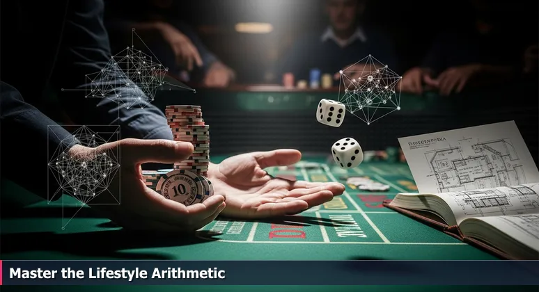 Close-up of hands on a casino craps table: one hand holds a stack of $100 chips, the other is empty, with dice frozen mid-air, symbolizing tech salary vs expenses in Las Vegas.