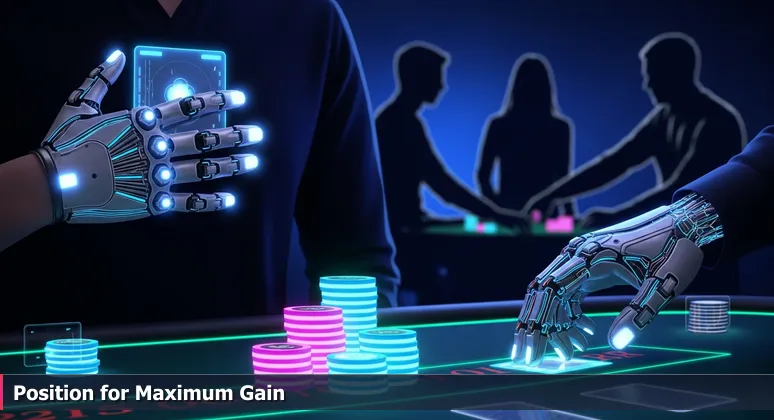 A professional poker player's hands on a green felt table in Las Vegas, holding cards and chips, symbolizing the strategic choice of a tech coworking space for startup success.