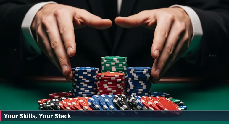 A casino dealer's hands pushing a stack of colorful poker chips on a green felt table towards empty hands, symbolizing skill-based tech opportunities in Las Vegas.