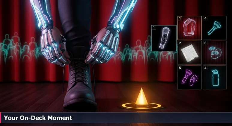 Close-up of actor's hands tying shoelaces backstage with a glowing yellow 'ON DECK' light and velvet curtain, symbolizing anticipation before a live tech performance in Las Vegas.