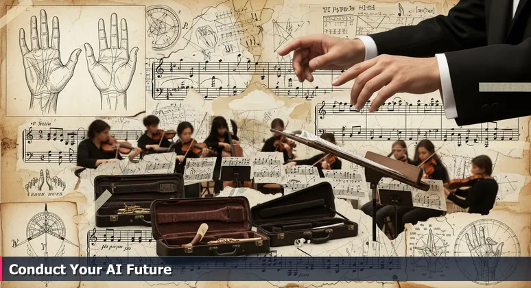 A conductor's hands poised above a tuning orchestra, symbolizing the start of an AI career in Philadelphia where chaos turns to harmony.