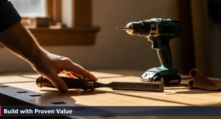 A carpenter's hand selecting a worn chisel over a shiny power tool on an oak workbench, symbolizing Philadelphia's durable and crafted tech career opportunities in 2026.