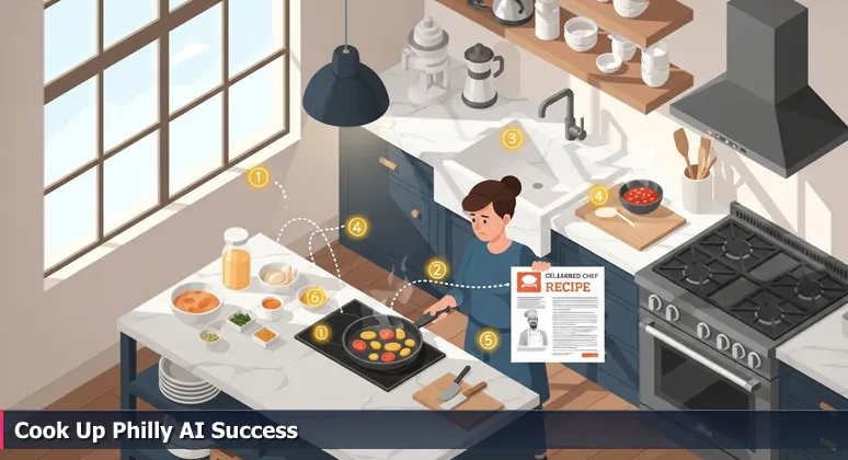 A determined person in a Philadelphia kitchen holds an AI engineering roadmap, with measured ingredients and a burnt dish, symbolizing the local learning journey.