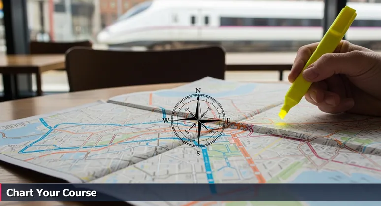 A weathered SEPTA transit map on a coffee shop table in University City, with a hand holding a yellow highlighter over routes and a blurry Amtrak train in the background, symbolizing funding pathways for tech training.