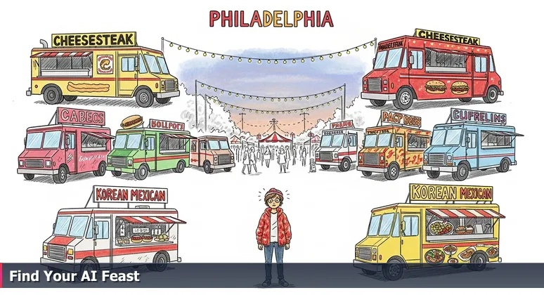 A person at a bustling Philadelphia food truck festival, overwhelmed by choices, symbolizing the diverse AI job opportunities in the city for 2026.