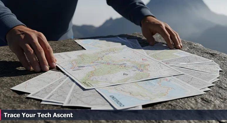 Close-up of weathered hands spreading a creased map on granite, with Philadelphia skyline in blurry background, representing tech career navigation.