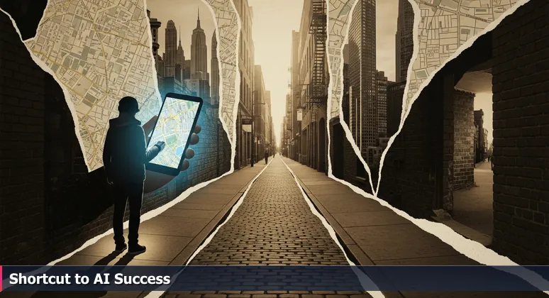 A person at a Philadelphia street corner holding a smartphone with a glowing map, gazing down a cobblestone alley towards distant skyscrapers, symbolizing the search for the best AI bootcamp shortcut in the city.