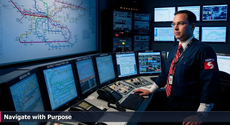A SEPTA control room operator at 30th Street Station monitors multiple screens displaying Philadelphia's transit network, symbolizing strategic cybersecurity career navigation.