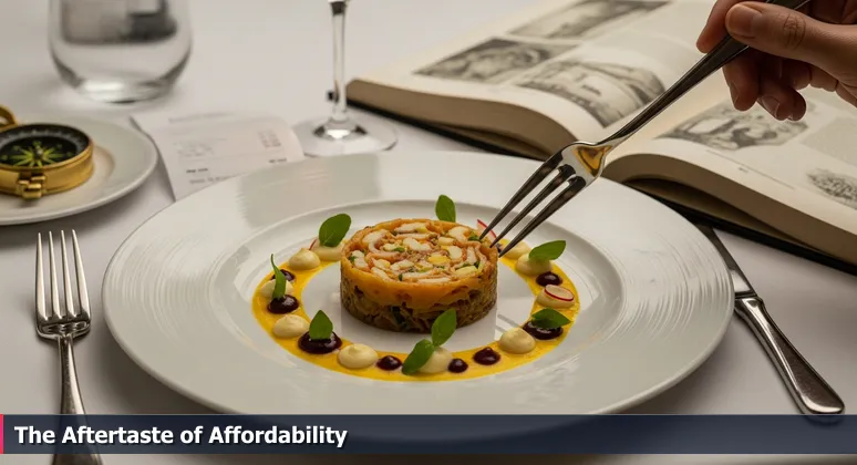 A fork hovering over a gourmet dish with a restaurant bill in the background, symbolizing the financial balance of living in Philadelphia on a tech salary.