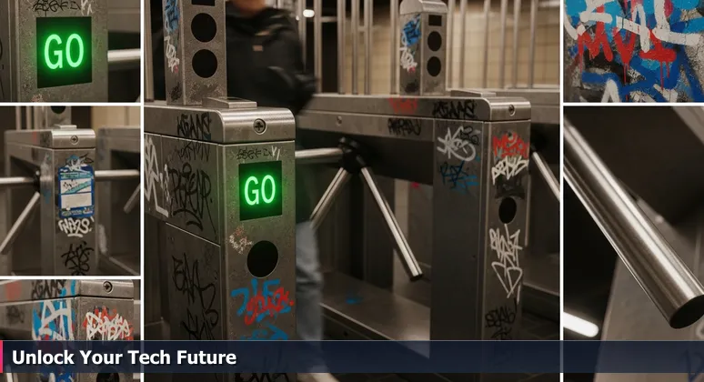 A close-up of a SEPTA subway turnstile in Philadelphia with a green 'GO' light illuminated, representing access to free tech education.