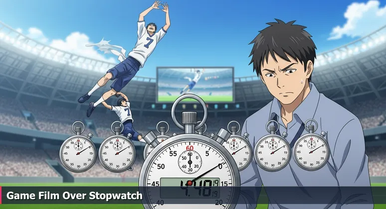 Close-up of a stopwatch frozen at 4.48 seconds with a blurry stadium Jumbotron showing a football player making a catch, symbolizing skills-based hiring in Philadelphia tech.