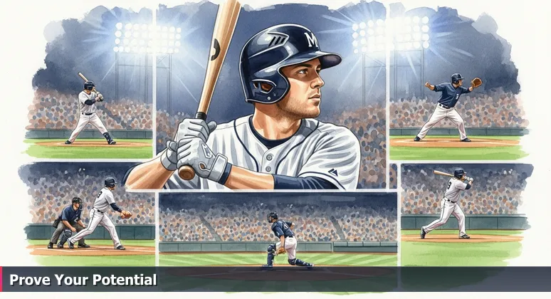 A determined minor league baseball player ready to bat in a packed stadium, symbolizing the anticipation of junior developers launching careers in Philadelphia's tech startups.