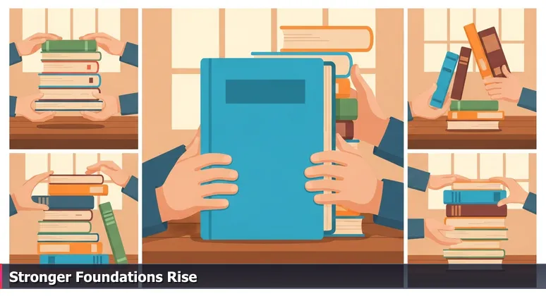 Close-up of hands deliberately restacking fallen books in the Free Library of Philadelphia's Germantown branch, symbolizing the resilient rebuilding of women in tech support.