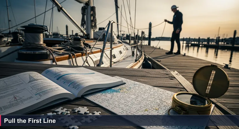 A person contemplates the intricate rigging of a sailboat at a Wilmington marina, representing the beginning of an AI career journey