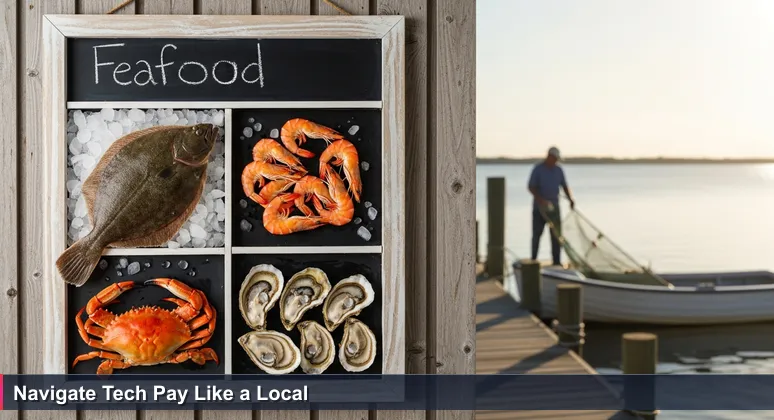 A chalkboard menu at a Wilmington seafood shack displaying 'Market Price' for today's catch, with a fisherman in the background, symbolizing the nuanced value of tech careers.