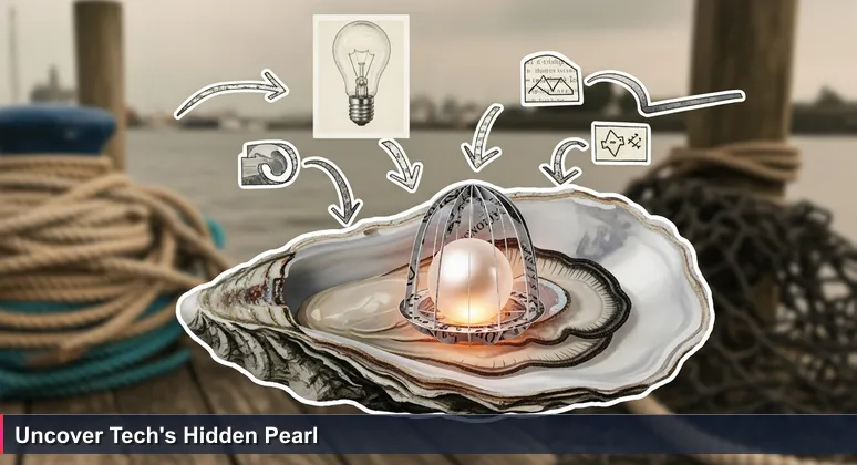 Close-up of weathered hands opening an oyster shell to reveal a luminous pearl, symbolizing hidden tech opportunities in Wilmington's coastal setting with a waterfront dock in the background.