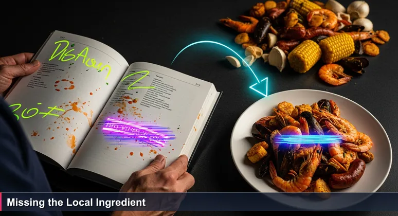 Close-up of hands holding a stained cookbook with a blurred recipe page, next to a plated Wilmington seafood boil and raw ingredients on a kitchen counter, symbolizing the need for local context in AI career development.