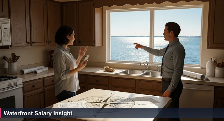 A person in a Wilmington, NC kitchen looking out at a scenic waterfront view, symbolizing evaluating AI salary beyond base pay to total compensation and lifestyle.