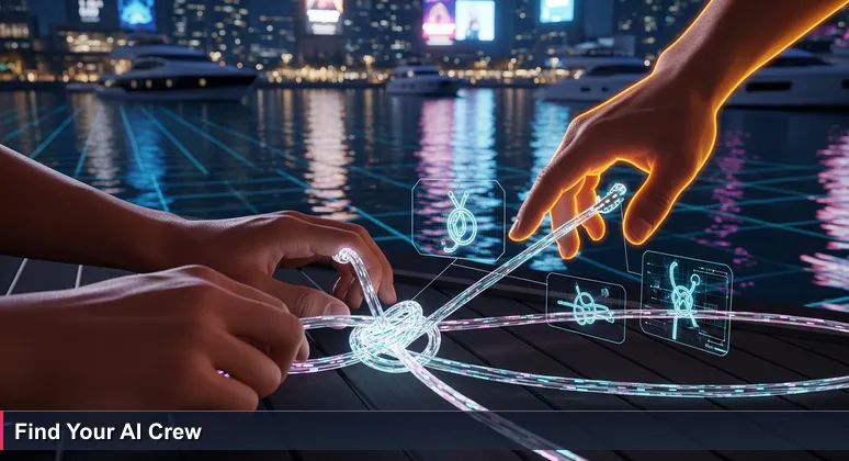 Hands tying a knot on a sailboat line with the Intracoastal Waterway of Wrightsville Beach in the background, symbolizing the learning journey and community in AI networking.