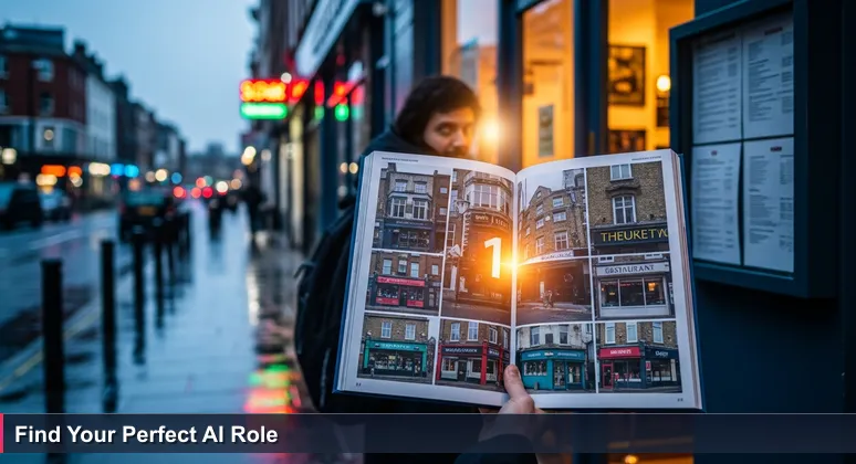 A person on a Wilmington city sidewalk at dusk, holding a guidebook and looking towards a warmly lit restaurant, symbolizing career choices in AI.