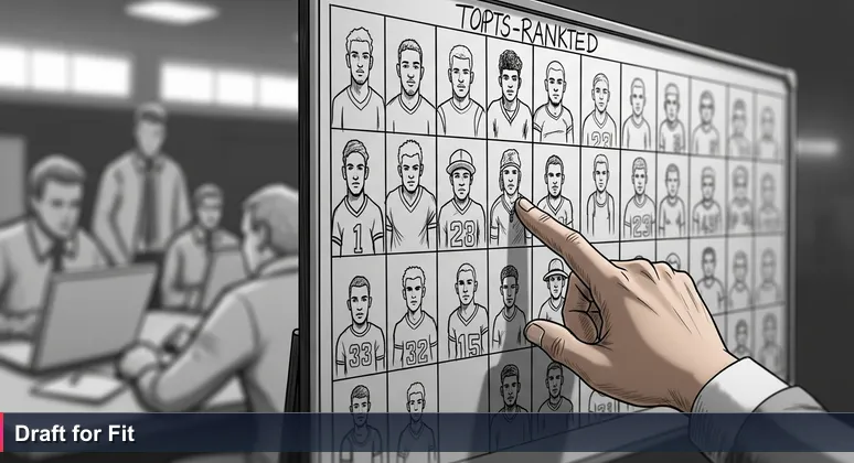 Close-up of a draft war room: a hand points to a lower-ranked name on a magnetic board, symbolizing strategic career choices in tech.