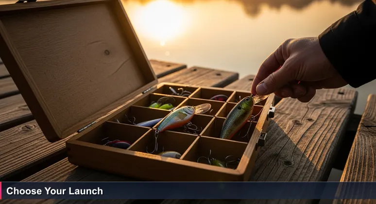 An open tackle box on a Wilmington dock at dawn, filled with lures, with a hand hovering over them and the Cape Fear River in the background.