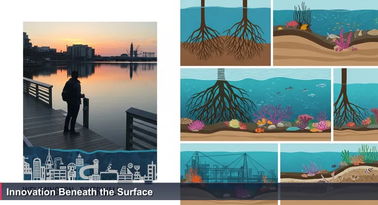 Sunset on Wilmington's Riverwalk with a person overlooking the Cape Fear River, with an underwater schematic of roots and infrastructure symbolizing AI innovation.