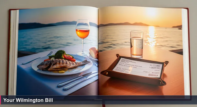 A coastal meal at a Wilmington waterfront restaurant with a check on a tray, sunset in the background.