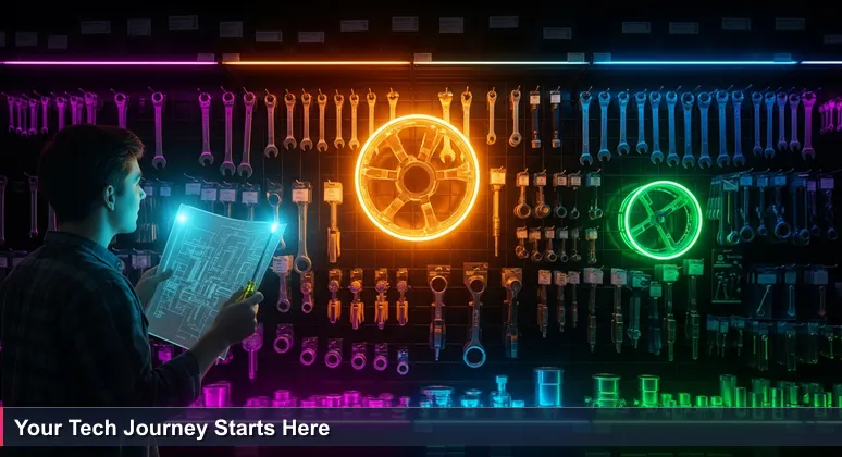 A person in a hardware store aisle, holding a screwdriver and looking at a tech blueprint, symbolizing free tech training opportunities in Wilmington, NC.