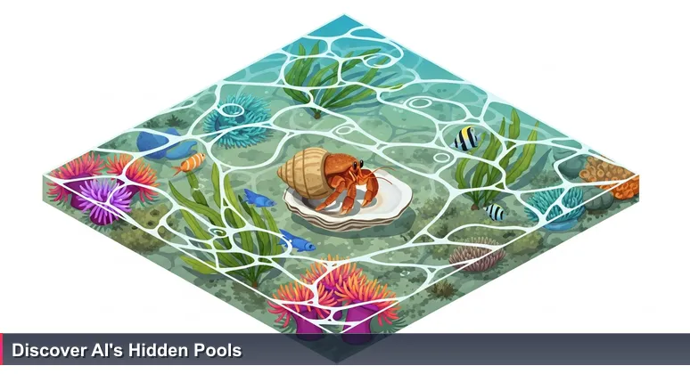 Close-up view of a tide pool at Wrightsville Beach in Wilmington, NC, showing a vibrant ecosystem with hermit crabs, sea anemones, and small fish in clear water.