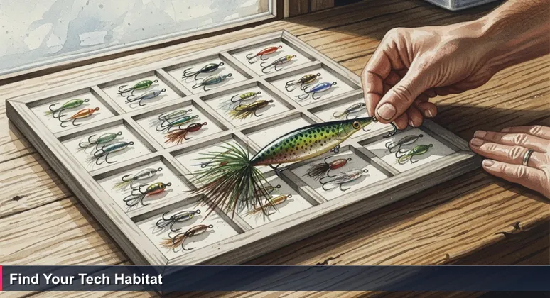 A local shopkeeper's hand sliding a custom fishing lure across a weathered wooden counter in a Wilmington tackle shop, symbolizing tailored workspace advice for tech professionals.